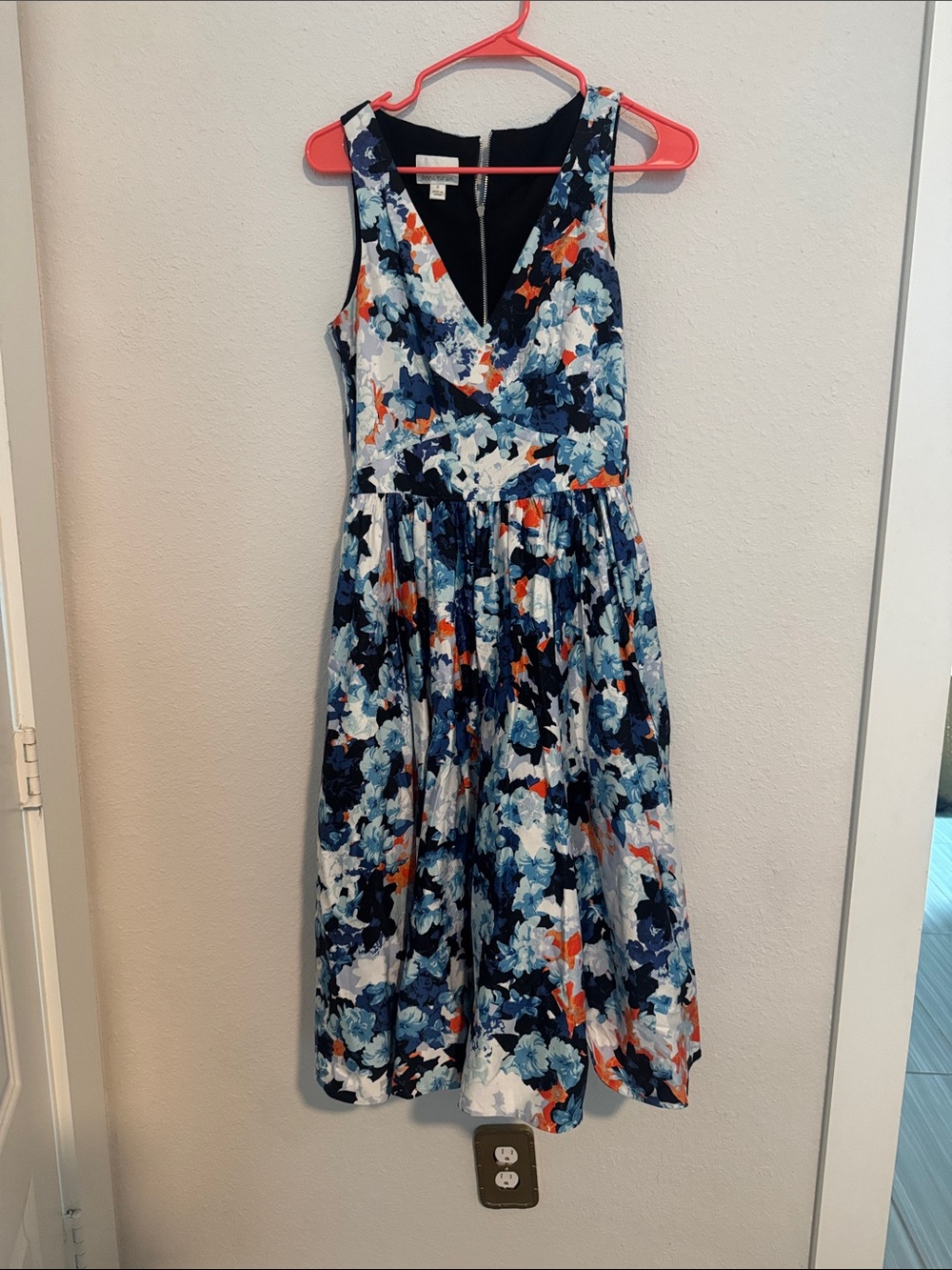 Donna Morgan Navy, Light Blue & Orange Floral Midi Dress